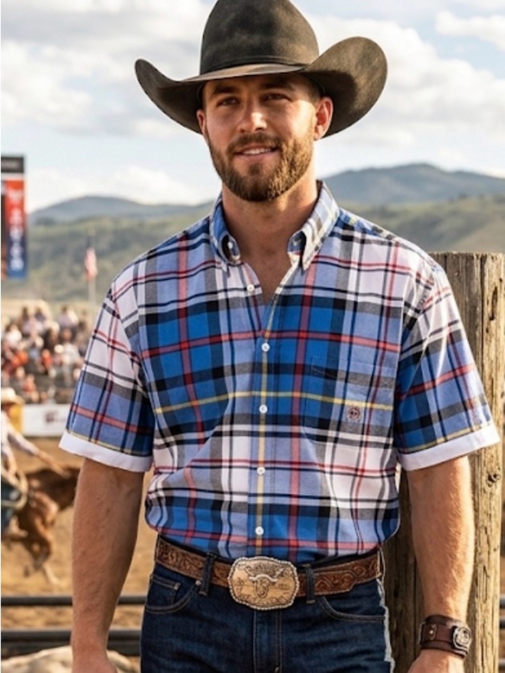 Cinch Blue Plaid Short-Sleeve Button-Down Shirt Classic Fit XL formal‎ office